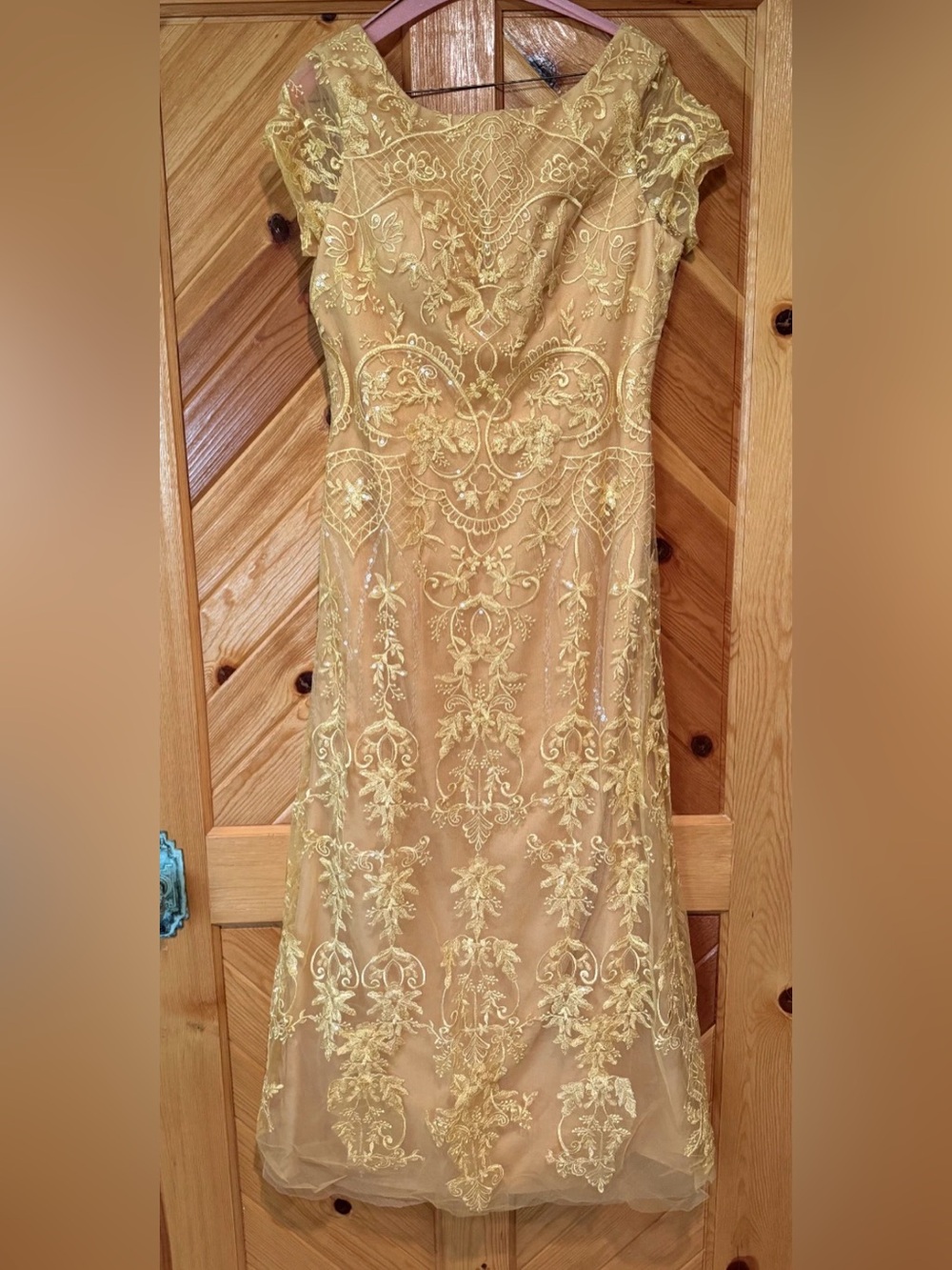 JJ House A-line Boat Neck Ankle-Length Lace Evening Dress With Sequins Size10
